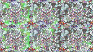 Kusursuz bir geçmişi var. Kumaş, tekstil, duvar kağıdı baskısı için. Raster illüstrasyonu. Renkli desenli kusursuz desenler, tarafsız çiçekler ve dekoratif elementler. Antika retro tarzı.