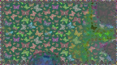 Mavi ve yeşil renkli resimler. Elle çizilmiş illüstrasyon. Moda Kumaşı Tasarımı. Şirin kelebeklerin kusursuz desenleri. Raster..