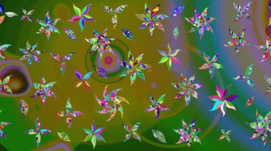 Renkli Yaz Temalı eskiz kalıbı. Raster Illustrasyon 'daki Çiçek Deseni' nin son moda çizimi. Düz Çiçek Elementleri Tasarımı. Yeşil renkte çiçekler.