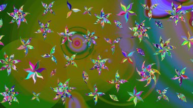 Renkli desenli eskiz deseni, yeşil çiçekler ve dekoratif elementlerle. Eskiz geçmişi. Kumaş, tekstil, duvar kağıdı baskısı için. Eski usul. Raster illüstrasyonu.