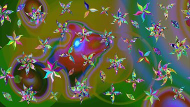 Çiçekli karalama şeklinde Raster çiçek deseni. Yeşil renkli çiçekler. Nazik, sevimli çiçek arkaplanı..