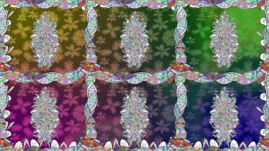 Çiçeksiz desenli, suluboya elle çizilmiş elementler. Parlak renkli fantezi çiçekleri, yapraklar, yeşil renkli tomurcuklar.