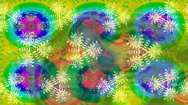 Raster illüstrasyonu. Noel ve yeni yıl moda baskıları için tatil tasarımı. Kar tanelerinin soyut arkaplanlı Noel şablonu. Yeşil ve sarı renkler.