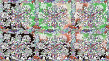 Tarafsız renklerde çok renkli, zarif küçük çiçekler ve komik böcekler, raster deseni, illüstrasyon.