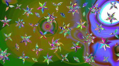 Şirin çiçekli eskiz deseni ve yeşil renkli yapraklar, suluboya çiçek deseni, duvar kağıdı, kart veya kumaş için fayanslı. Raster illüstrasyonu.