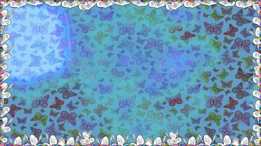 Raster illüstrasyonu. Renkli kelebeklerin kusursuz arka planı. Albüm için resim. Mavi ve beyaz renkte sanat kelebekleri.