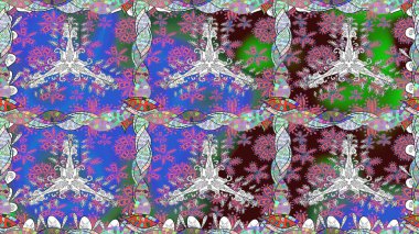 Düz Çiçek Elementleri Tasarımı. Sevimli çiçek raster deseni. Renkli Bahar Temalı Kusursuz Arkaplan. Mavi renkte çiçekler.