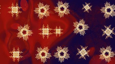 Kar tanelerinin soyut arkaplanlı Noel şablonu. Kırmızı ve kahverengi kar taneleri. Raster illüstrasyonu. Noel ve Yeni Yıl moda baskıları için tatil tasarımı.