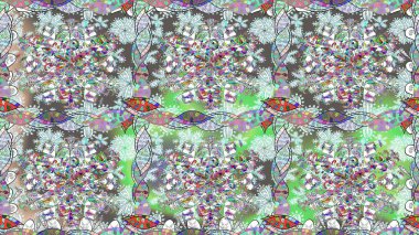 Renkli Bahar Temalı Kusursuz Arkaplan. Düz Çiçek Elementleri Tasarımı. Çiçeksel fantezi tasarımı. Parlak bir arka planda..