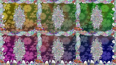 Renkli Bahar Temalı Kusursuz Arkaplan. Düz Çiçek Elementleri Tasarımı. Yeşil renkli şirin çiçek deseni. Raster Modaya uygun kumaş deseni.