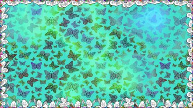 Raster illüstrasyonu. Farklı yönlere uçan renkli kelebek koleksiyonu. Kızlar, erkekler, elbiseler, duvar kağıtları için soyut, pürüzsüz desen.