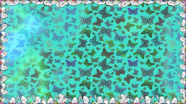 Uçan kelebek keten temalı Raster. Mavi, yeşil, beyaz üzerine kusursuz bir kelebek deseni. Giysiler için böcek kumaşı klipsleri tekrarlanıyor. Davet, kart, yazdırma için basit kadınsı desen