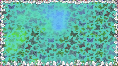 Kelebek görüntüsü. Çiz, çiz, çiz. Yeşil ve mavi renkli tropikal kelebek deseni. Raster illüstrasyonu. Basit bir şekilde.