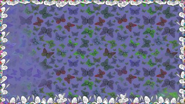 Perfect for textile, wallpapers, web page backgrounds, surface textures. Raster illustration. Seamless background of colorful butterflies on violet, blue and green colors. clipart