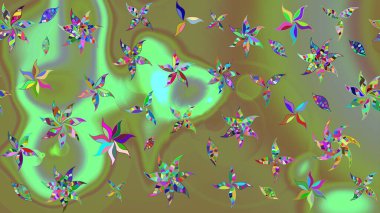 Yeşil renkli bitkilerden oluşan parlak çiçekli çizim deseni.