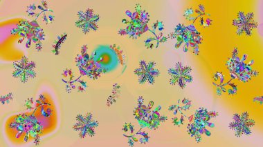 Raster illüstrasyonu. Soyut mandala ya da tuhaf kar tanesi çizgisi sanat tasarımı. Renkli arka planda izole tatlı kar taneleri.