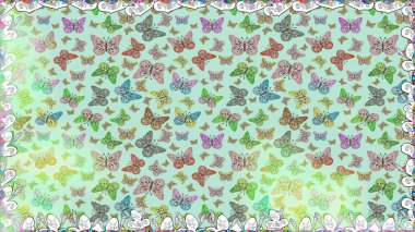 Kumaş, kağıt, ambalaj kâğıdı ve duvar kağıdı tasarımı için güzel bir arka plan. Renkli kelebeklerin kusursuz arka planı. Raster illüstrasyonu.