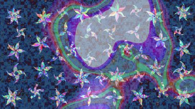 Çiçek desenli raster, mavi çizgi grafik desenli soyut raster arkaplan. Modern stil dokusu.