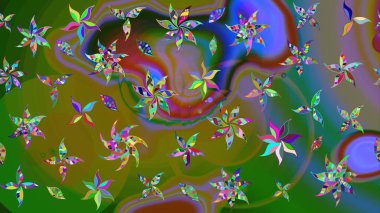 Yeşil renkler. El çizimi, soyut ve süslü elementler. Klasik çiçekler. Yaz çiçekleri teması. Suluboya resim taklit Raster illüstrasyonu.