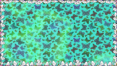 Raster illüstrasyonu. Kumaş, Tekstil, Baskı ve Davetiye için arka plan. Mavi, yeşil ve beyaz arkaplanda kelebek deseni.