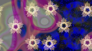 Renkli arka planda izole kar taneleri. Raster illüstrasyonu. Yüzey için tekrarlanan doku, ambalaj kağıdı, mor, mavi ve gri renkler. Kış kar tanesi, raster arkaplan.