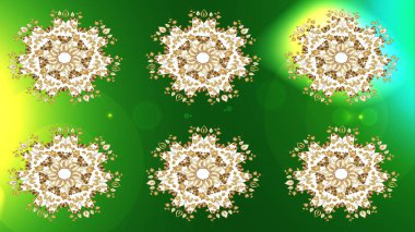 Bokeh yeşili, beyaz, bej ve kar taneleriyle dekoratif Noel arkaplanı. Raster illüstrasyonu.