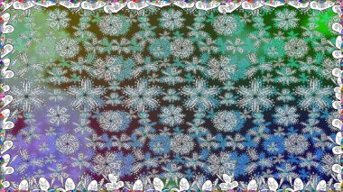 Renkli desenli, gri çiçekli ve dekoratif elementli kusursuz desen. Kusursuz bir geçmişi var. Eski usul. Raster illüstrasyonu. Kumaş, tekstil ve duvar kağıdı baskısı için..