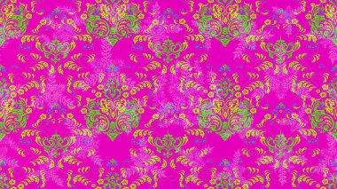 Nakış desenli çiçek deseni. Parmak izi, kumaş, duvar kâğıdı, tekstil için raster dokusu. Renkli grunge soyut arkaplanı kolomagenta, yeşil ve pembe çiçeklerle zenginleştirir.