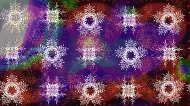 Kar tanesi renkli desen. Snowflakes desen. Raster kar taneleri arka plan. Renk arka plan üzerinde izole soyut kar taneleri ile düz tasarım. Raster illüstrasyon.