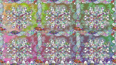 Çiçekleri, deniz kabukları, mandalaları ve suluboya efektleriyle donanma geçmişi. Kusursuz etnik tasarım. Yatak çarşafları, ceket, paket tasarımı, kumaş ve moda kavramları için tekstil baskısı.