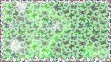 Giysi tasarımı için tarafsız, yeşil ve gri arka plan dekorasyonu. Renkli kelebeklerin kusursuz arka planı. Raster illüstrasyonu.