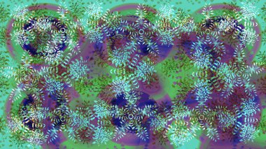 Kar tanelerinin soyut arkaplanı olan şirin bir Noel arkaplanı. Renkler. Raster illüstrasyonu. Yeşil, mavi ve mor kar taneleri. Noel ve Yeni Yıl moda baskıları için tatil tasarımı.