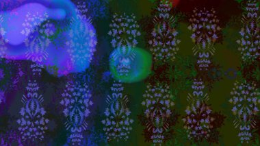 Mavi renkler ve parlak çiçekler üzerine soyut çizim deseni. Çiçeksel elementlerle süslenmiş zarif raster dokusu. Küçük çiçekte şirin bir çiçek deseni var..