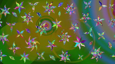 Kumaş, tekstil, duvar kağıdı baskısı için. Eski usul. Raster illüstrasyonu. Eskiz geçmişi. Renkli desenli eskiz deseni, yeşil çiçekler ve dekoratif elementlerle.