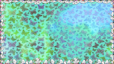 Doğa kelebeği temasını mavi, yeşil ve nötr renklerle tekrarlıyor. Raster tasarımı. Korunmak için vahşi yaşam böcekleri için arka plan. Güzel, pürüzsüz kelebek yinelemeli dokusu kontrastlı arka katmanda izole edilmiş.