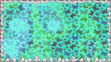 Kağıt, kumaş ve ambalaj için uygun. Kelebekli Raster çiçeksiz desen. Mavi, yeşil ve beyaz çizimler.