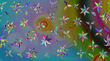 El çizimi çiçek unsurları olan soyut çizim raster deseni. Retro tekstil tasarım koleksiyonu. Mavi maviye. 1950-1960 motifleri. Çiçekli ipek eşarp..