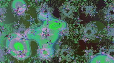 Kar tanelerinin soyut arkaplanı olan şirin bir Noel arkaplanı. Raster illüstrasyonu. Noel ve yeni yıl moda baskıları için tatil tasarımı. Renkler. Yeşil kar taneleri.