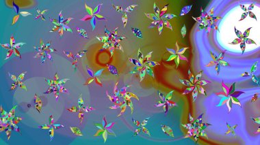 Parlak renkli fantezi çiçekleri, yapraklar, mavi renkli tomurcuklar. Suluboya el çizimi elementli çiçek çizimi deseni.