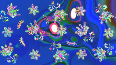 Kış kar taneleri, raster arka plan. Yüzey için tekrarlanan doku, ambalaj kağıdı, mavi, yeşil ve menekşe renkleri üzerine kar tanesi.