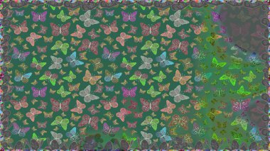 Yeşil ve mavi arka planda bir resim. Kelebek deseni. Kusursuz. Kumaş, tekstil, baskı ve davetiye örnekleri. Raster..