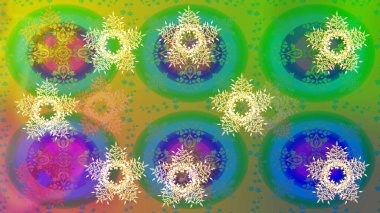 Raster illüstrasyonu. Renkli arka planda izole kar taneleri. Yüzey için tekrarlanan doku, ambalaj kağıdı, yeşil, sarı ve mavi renkler. Kış kar tanesi, raster arkaplan.