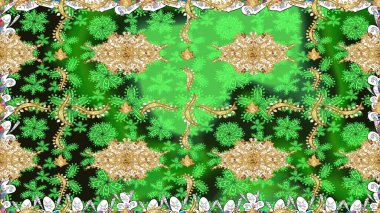 Kar tanelerinin soyut arkaplanlı Noel şablonu. Yeşil kar taneleri. Raster illüstrasyonu. Renkler. Noel ve Yeni Yıl moda baskıları için tatil tasarımı.