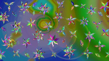 Kumaş, tekstil, duvar kağıdı baskısı için. Eski usul. Raster illüstrasyonu. Renkli desenli eskiz deseni, yeşil çiçekler ve dekoratif elementlerle. Taslak arkaplan.