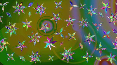 Çiçek desenli çizim. Raster illüstrasyonu. Raster illüstrasyonu. Yeşil renkli çiçekler. Asya tekstil tarzında.