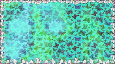 Soyut, pürüzsüz bir arkaplan. Raster. Moda Kumaşı Tasarımı. Kelebek deseni. Mavi ve yeşil renkler üzerine resim.