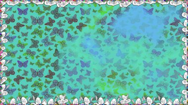 Raster illüstrasyonu. Yeşil ve mavi lekeli oldukça pürüzsüz kelebek kumaşı. Duvar kağıdı için böcek dokusunun tekrarı. Bahar Kelebeği şirin tema.