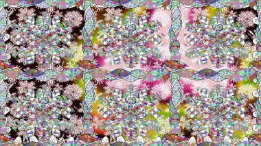 Doodle çiçekler ve dalları, otlar ve çiçekler. Elle çizilmiş. Raster resim. Güzel kumaş deseni.