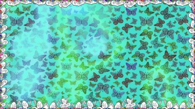 Suluboya soyut parlak desenli kelebek kanatları, retro renkler. Mavi ve yeşil renkli resimler. Kumaş, tekstil, baskı ve davet için arkaplan.