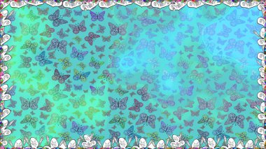 Kağıt, kumaş ve ambalaj için uygun. Mavi ve yeşil arka planda kelebekler. Kusursuz desen. Raster..